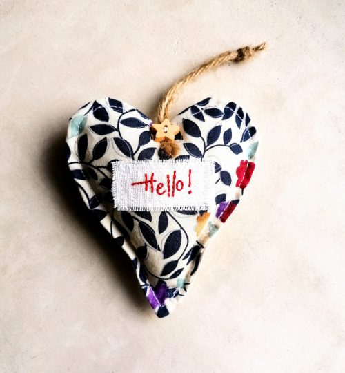 hanging heart with embroidered word Hello!